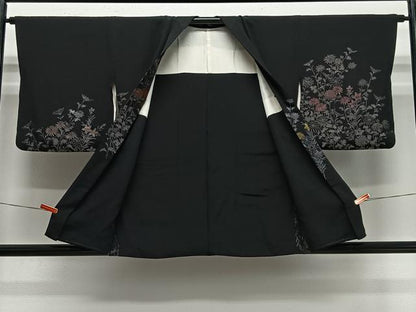 平和屋着物＃羽織　寿光織　草花文　黒地　金糸　正絹　逸品　CABE5072ua