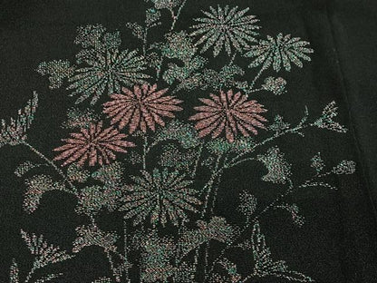 平和屋着物＃羽織　寿光織　草花文　黒地　金糸　正絹　逸品　CABE5072ua