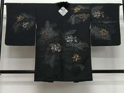平和屋着物＃羽織　寿光織　草花文　黒地　金銀糸　正絹　逸品　未使用　CABE5078ua