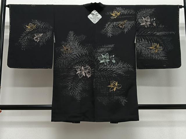 平和屋着物＃羽織　寿光織　草花文　黒地　金銀糸　正絹　逸品　未使用　CABE5078ua