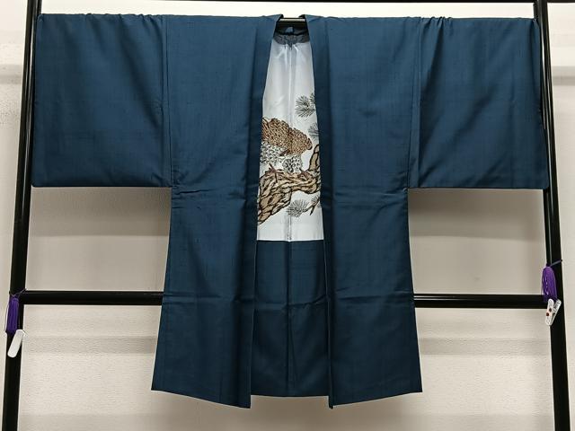 平和屋着物∞男性　長羽織　紬地　高麗納戸色　正絹　逸品　CABE5091ua