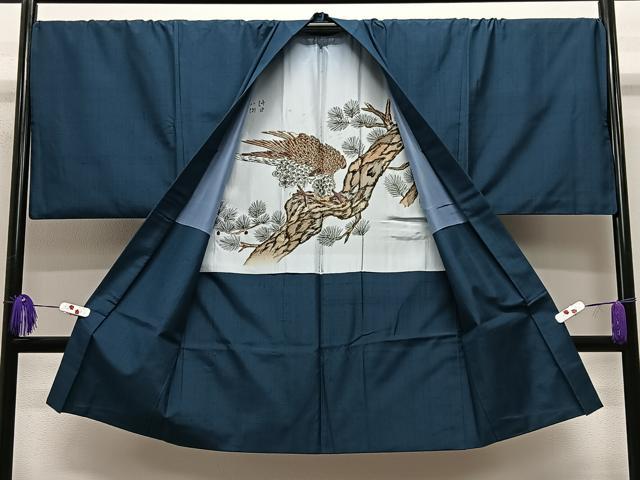 平和屋着物∞男性　長羽織　紬地　高麗納戸色　正絹　逸品　CABE5091ua