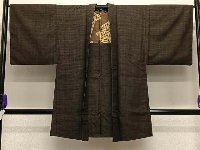 平和屋着物∞男性　長羽織　紬地　格子柄　正絹　逸品　CABE5099ua