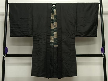 平和屋着物∞男性　長羽織　色無地　暗黒色　正絹　逸品　CABE5100ua