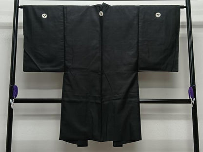 平和屋着物∞男性　長羽織　黒紋付　羽裏：風景文　正絹　逸品　CABE5101ua