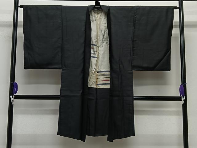 平和屋着物∞男性　長羽織　黒紋付　羽裏：風景文　正絹　逸品　CABE5101ua