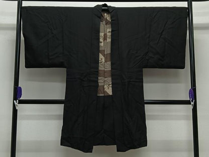 平和屋着物∞男性　長羽織　紬地　暗黒色　正絹　逸品　CABE5102ua