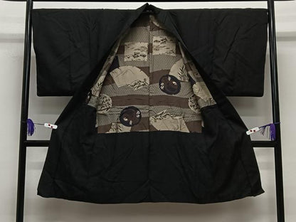 平和屋着物∞男性　長羽織　紬地　暗黒色　正絹　逸品　CABE5102ua