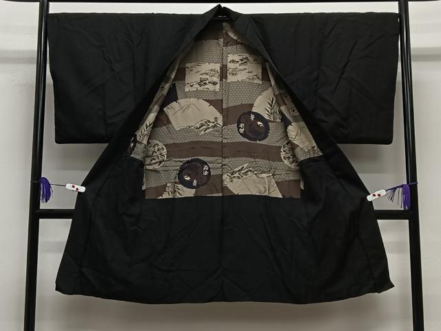 平和屋着物∞男性　長羽織　紬地　暗黒色　正絹　逸品　CABE5102ua