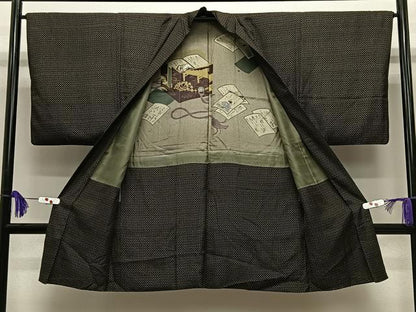平和屋着物∞男性　長羽織　紬地　幾何学文　正絹　逸品　CABE5104ua