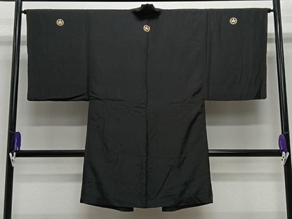 平和屋着物∞男性　長羽織　黒紋付　羽裏：風景文　正絹　逸品　CABE5105ua