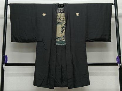 平和屋着物∞男性　長羽織　黒紋付　羽裏：風景文　正絹　逸品　CABE5105ua