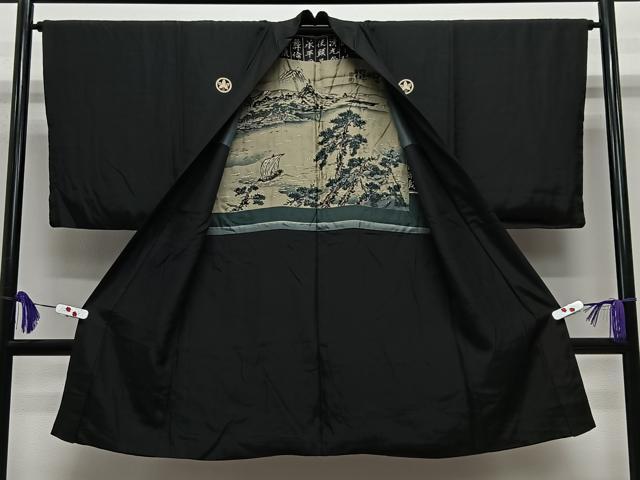 平和屋着物∞男性　長羽織　黒紋付　羽裏：風景文　正絹　逸品　CABE5105ua