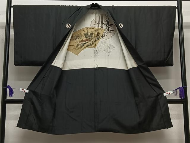 平和屋着物∞男性　長羽織　黒紋付　羽裏：風景文　正絹　逸品　CABE5107ua