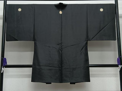 平和屋着物∞男性　長羽織　黒紋付　羽裏：人物風景文　正絹　逸品　CABE5109ua