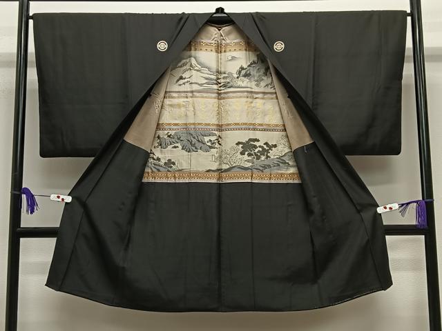 平和屋着物∞男性　長羽織　黒紋付　羽裏：風景文　正絹　逸品　CABE5112ua