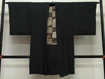 平和屋着物∞男性　長羽織　紬地　暗黒色　正絹　逸品　CABE5127ua