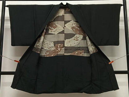 平和屋着物∞男性　長羽織　紬地　暗黒色　正絹　逸品　CABE5127ua