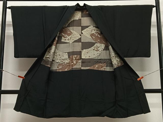 平和屋着物∞男性　長羽織　紬地　暗黒色　正絹　逸品　CABE5127ua