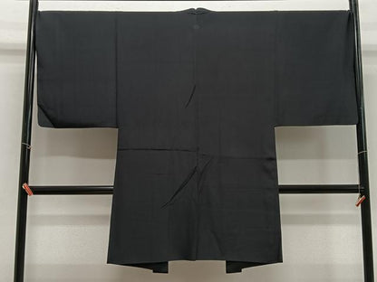 平和屋着物∞男性　長羽織　紬地　黒色　正絹　逸品　CABE5131ua