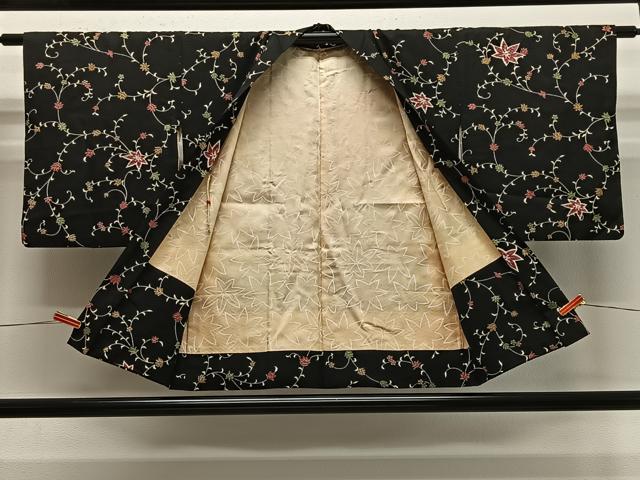 平和屋着物＃羽織　絞り　花唐草文　黒地　正絹　逸品　CABE5142ua