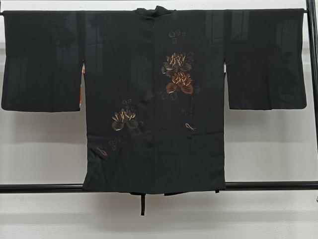平和屋着物＃道中着　寿光織　枝花文　黒地　金糸　正絹　逸品　CABE5144ua