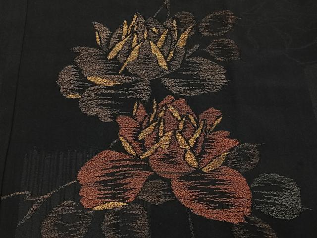平和屋着物＃道中着　寿光織　枝花文　黒地　金糸　正絹　逸品　CABE5144ua