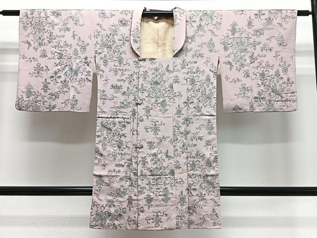 平和屋着物＃道行コート　寿光織　花唐草文　銀糸　ロング丈　正絹　逸品　CABE5148ua