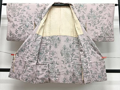 平和屋着物＃道行コート　寿光織　花唐草文　銀糸　ロング丈　正絹　逸品　CABE5148ua