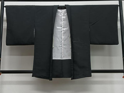 平和屋着物＃羽織　寿光織　立波文　黒地　銀糸　正絹　逸品　CABE5158ua