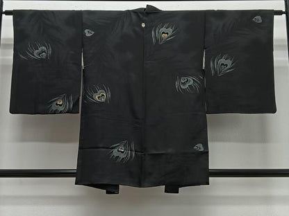 平和屋着物＃羽織　寿光織　孔雀羽文　黒地　金銀糸　正絹　逸品　CABE5161ua