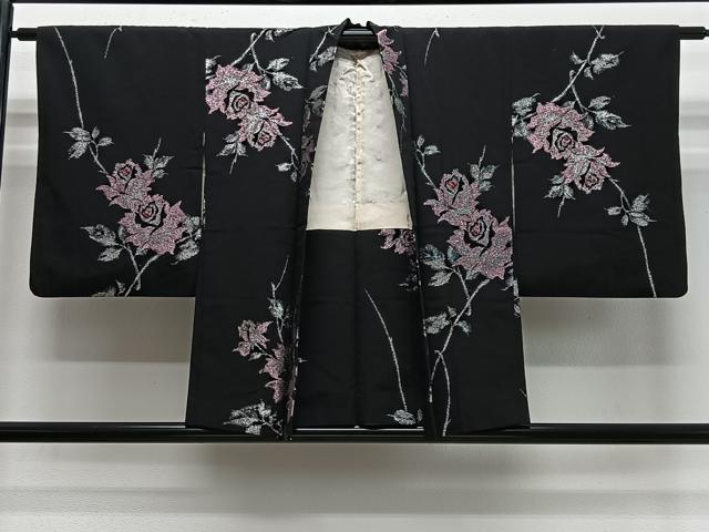 平和屋着物＃羽織　寿光織　バラ　黒地　銀糸　正絹　逸品　CABE5164ua