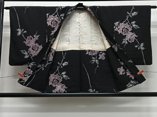 平和屋着物＃羽織　寿光織　バラ　黒地　銀糸　正絹　逸品　CABE5164ua