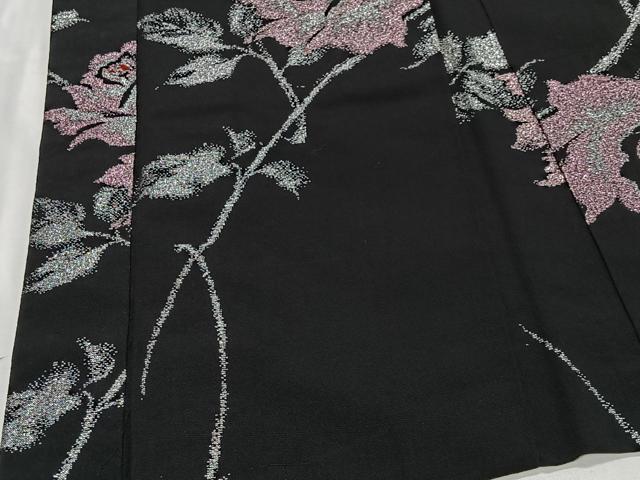 平和屋着物＃羽織　寿光織　バラ　黒地　銀糸　正絹　逸品　CABE5164ua