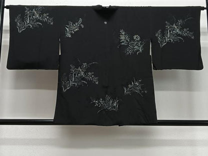 平和屋着物＃羽織　寿光織　草花文　黒地　銀糸　正絹　逸品　CABE5170ua