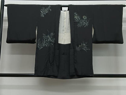 平和屋着物＃羽織　寿光織　草花文　黒地　銀糸　正絹　逸品　CABE5170ua
