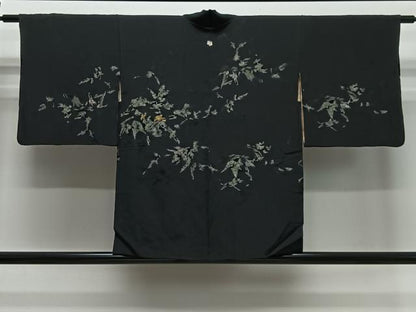 平和屋着物＃羽織　寿光織　枝花文　黒地　金糸　正絹　逸品　CABE5174ua
