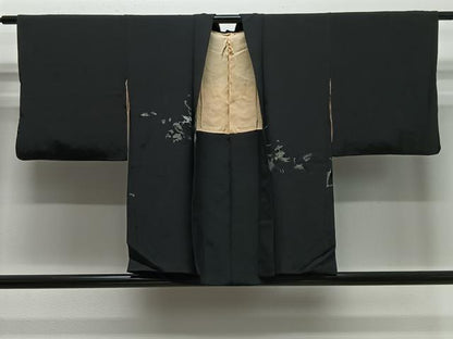 平和屋着物＃羽織　寿光織　枝花文　黒地　金糸　正絹　逸品　CABE5174ua
