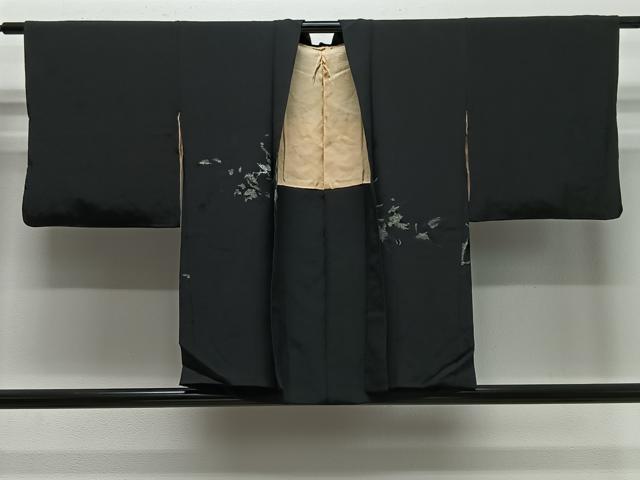 平和屋着物＃羽織　寿光織　枝花文　黒地　金糸　正絹　逸品　CABE5174ua