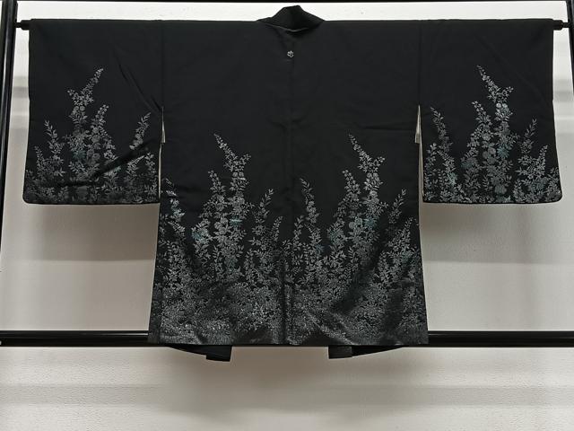 平和屋着物＃羽織　寿光織　花尽くし　黒地　銀糸　正絹　逸品　CABE5175ua
