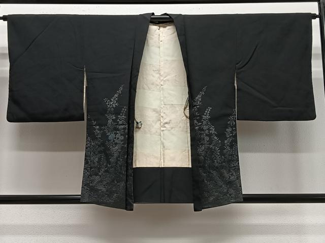 平和屋着物＃羽織　寿光織　花尽くし　黒地　銀糸　正絹　逸品　CABE5175ua