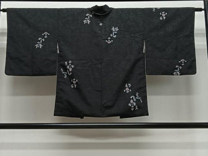 平和屋着物＃羽織　寿光織　更紗草花文　黒地　銀糸　正絹　逸品　CABE5176ua