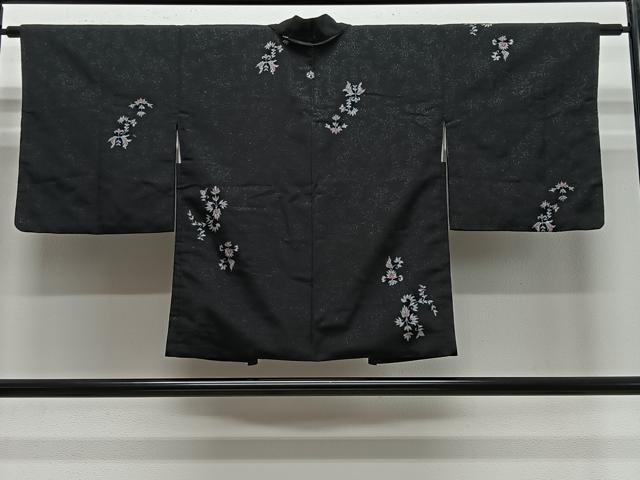 平和屋着物＃羽織　寿光織　更紗草花文　黒地　銀糸　正絹　逸品　CABE5176ua