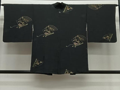 平和屋着物＃羽織　寿光織　檜扇花文　黒地　銀糸　正絹　逸品　CABE5181ua