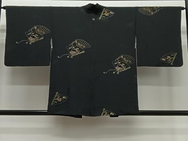 平和屋着物＃羽織　寿光織　檜扇花文　黒地　銀糸　正絹　逸品　CABE5181ua