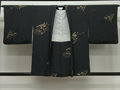 平和屋着物＃羽織　寿光織　檜扇花文　黒地　銀糸　正絹　逸品　CABE5181ua