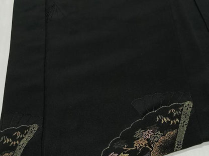 平和屋着物＃羽織　寿光織　檜扇花文　黒地　銀糸　正絹　逸品　CABE5181ua