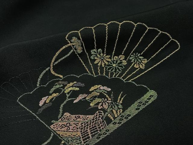 平和屋着物＃羽織　寿光織　檜扇花文　黒地　銀糸　正絹　逸品　CABE5181ua