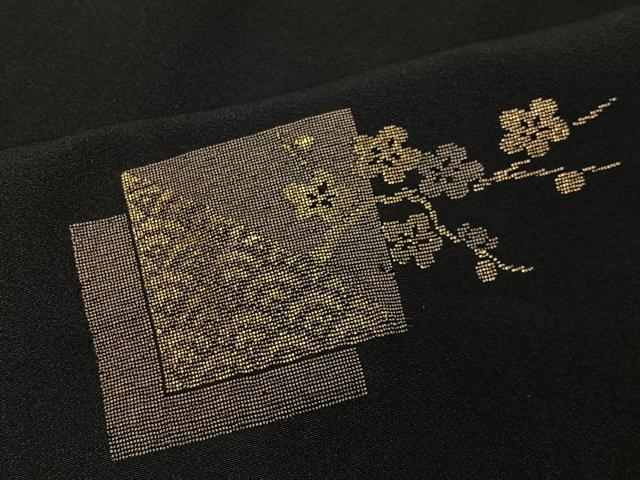 平和屋着物＃羽織　寿光織　色紙花文　黒地　銀糸　正絹　逸品　CABE5182ua