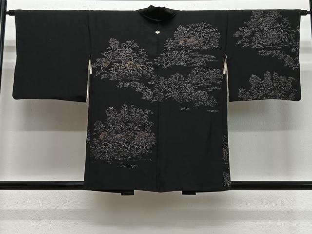 平和屋着物＃羽織　寿光織　樹林文　黒地　銀糸　正絹　逸品　CABE5184ua